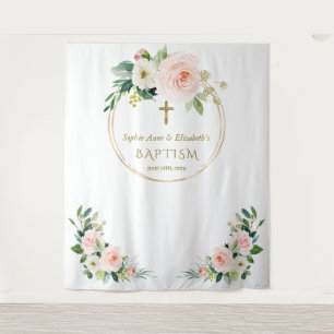 Twins Pink White Floral Baptism Gold Photo Prop   Tapestry