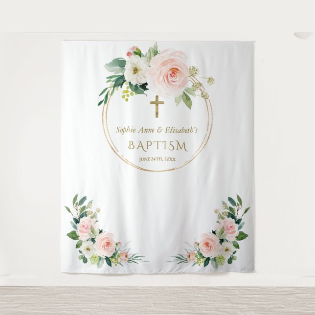 Twins Pink White Floral Baptism Gold Photo Prop   Tapestry (Front)