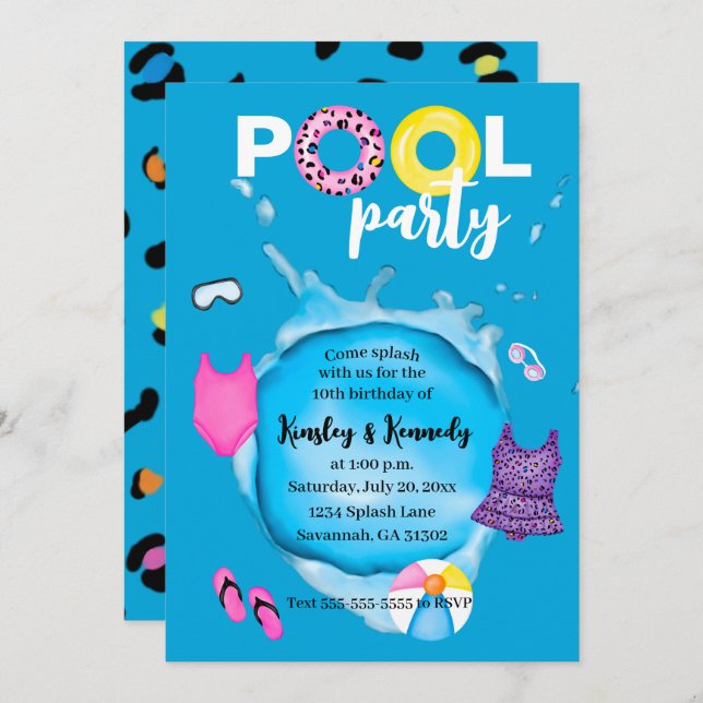 Twins Pool Party Birthday Splash Leopard Swimsuit Invitation (Front/Back)