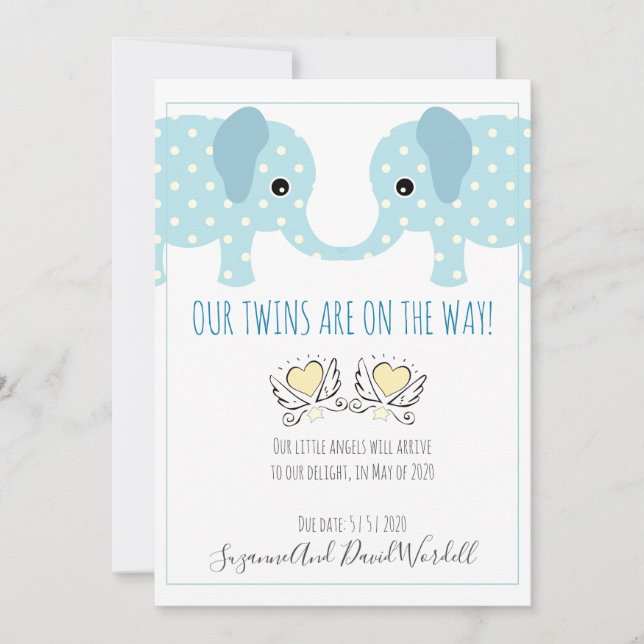 Twins Pregnancy Announcement Whimsical Elephants (Front)
