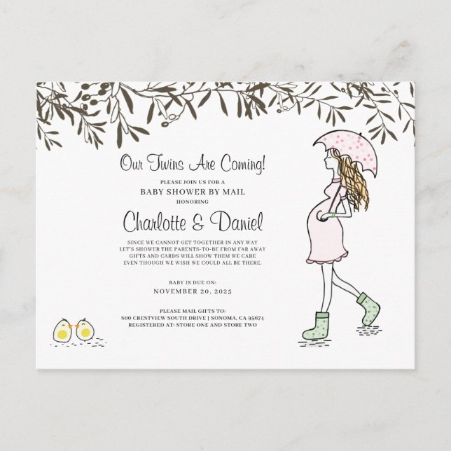 Twins Pregnancy Pregnant Mum With Umbrella Invitation Postcard (Front)