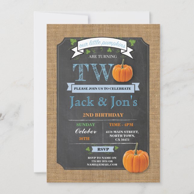 Twins Pumpkin 2nd Second Two Birthday Party Invite (Front)
