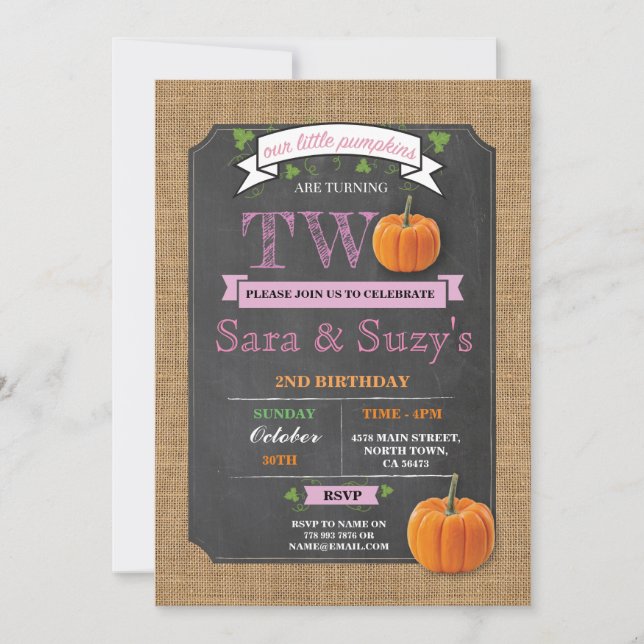 Twins Pumpkin 2nd Second Two Birthday Party Invite (Front)