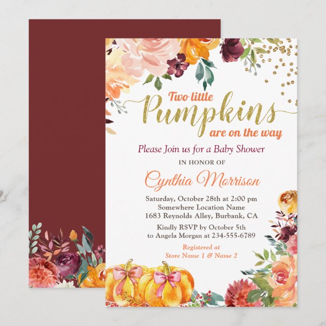 Twins Pumpkin Baby Shower Burgundy Fall Floral Invitation (Front/Back)