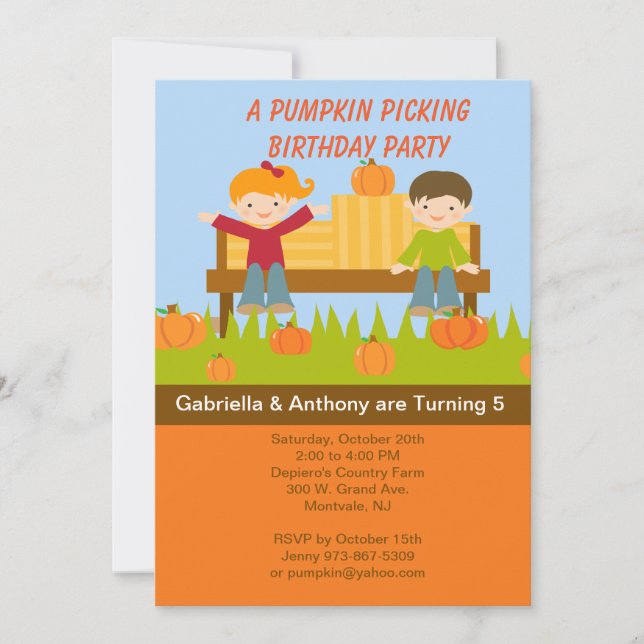 Twins Pumpkin Picking Birthday Party Invitation (Front)