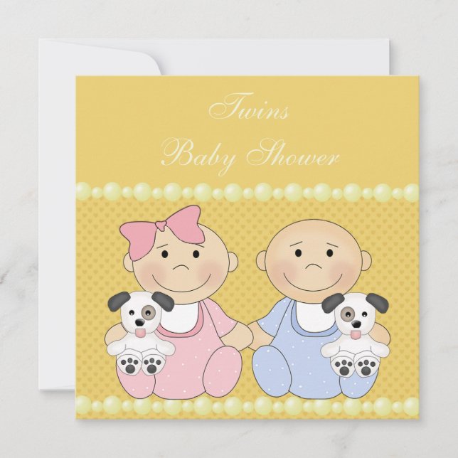 Twins & Puppies Yellow Baby Shower Invitation (Front)