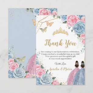 Twins Quinceañera Baby Blue Pink Floral Princesses Thank You Card