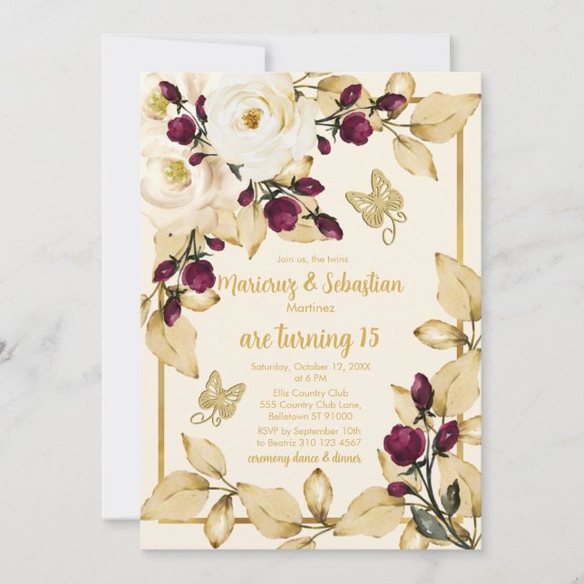 Twins Quinceañera Champagne Burgundy and Gold Invitation (Front)