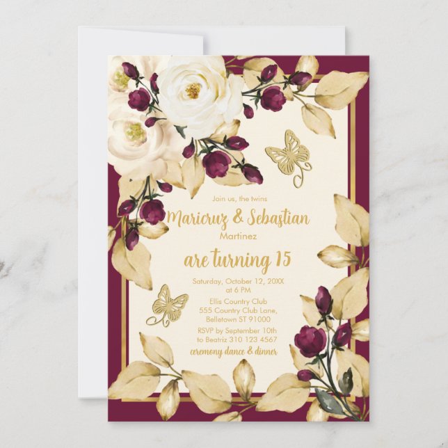 Twins Quinceañera Champagne Burgundy Gold Frame Invitation (Front)