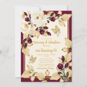 Twins Quinceañera Champagne Burgundy Gold Frame Invitation