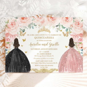 Twins Quinceañera Princess Blush Floral Gold Black Invitation