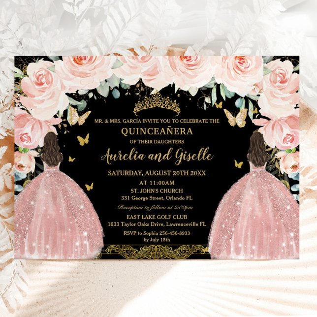 Twins Quinceañera Princess Blush Floral Gold Black Invitation (blush pink floral rose gold dress twins princesses quinceanera sweet 16 birthday invitation cards)