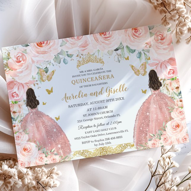 Twins Quinceañera Princesses Blush Floral Gold Invitation (elegant-blush-pink-floral-twins-princesses-rose-gold-dress-brunette-joint-sisters-quinceanera invite)
