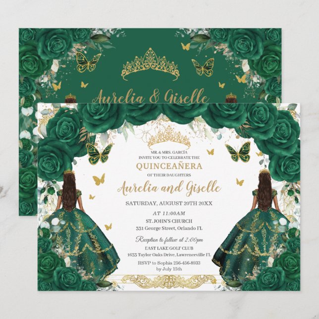 Twins Quinceañera Princesses Emerald Green Floral Invitation (Front/Back)