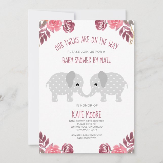 Twins Red Floral Elephant Baby Shower By Mail Invitation (Front)