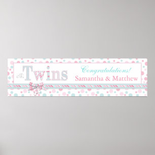 TWINS Retro Pink Aqua Dots Baby Shower Banner Poster