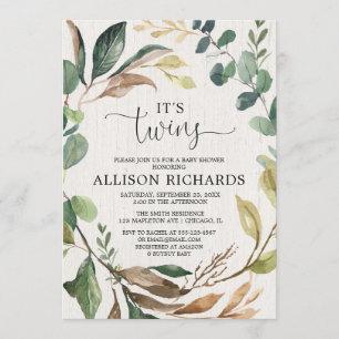 Twins rustic baby shower gender neutral fall leafy invitation
