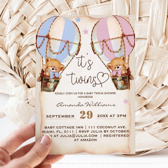 Twins Rustic Bear Boy & Girl Pink Blue Baby Shower Invitation (Creator Uploaded)
