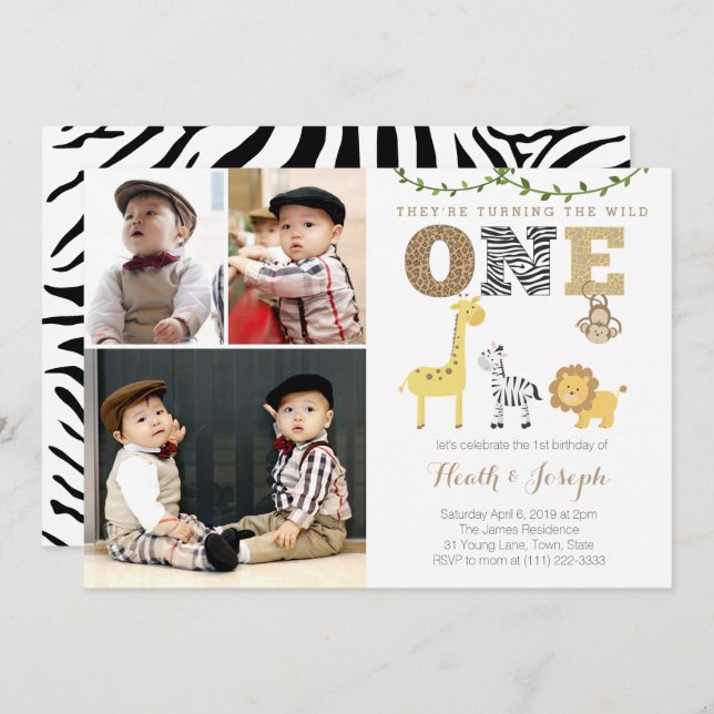 Twins Safari 1st Birthday Party, Multiple Photos Invitation (Front/Back)