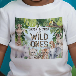 Twins Safari Animals, Blue Jungle, Baby Boys 1st  Baby T-Shirt