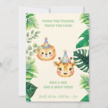 Twins Safari Birthday Thank You Card Editable