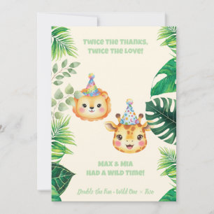 Twins Safari Birthday Thank You Card Editable