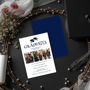 Twins Siblings Modern Dark Blue Grads Photo TMF26 Invitation