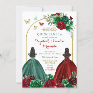 Twins Sisters Hunter Green Red Rose Quinceañera Invitation