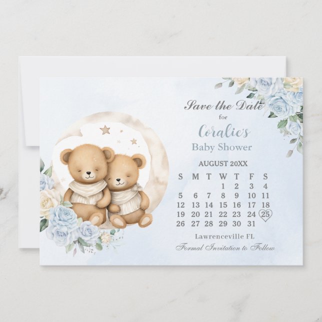 Twins Sleeping Bears Moon Blue Floral Baby Shower Save The Date (Front)
