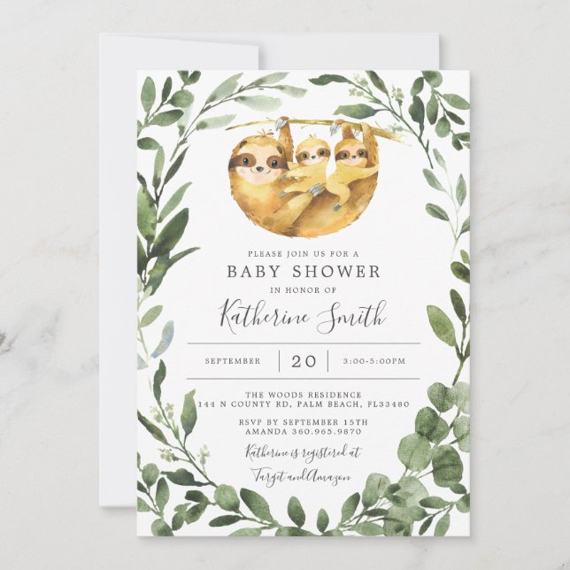 Twins Sloth Baby Shower Invitation (Front)