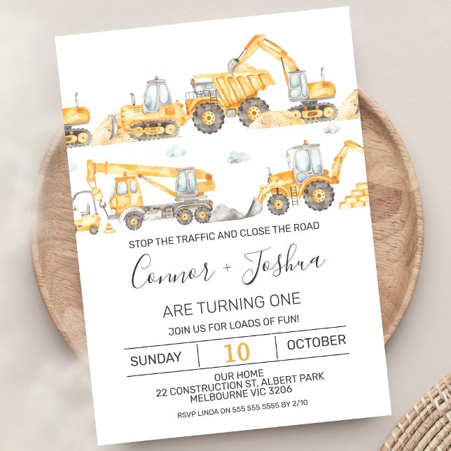 Twins Stop The Traffic Under Construction Birthday Invitation (Modern Twin Boys Construction 1st Birthday Invitation Roadwork Stop The Traffic Excavators Truck)