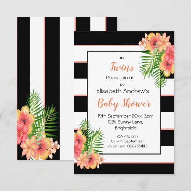 Twins Striped Floral Baby Shower Invitation (Front/Back)