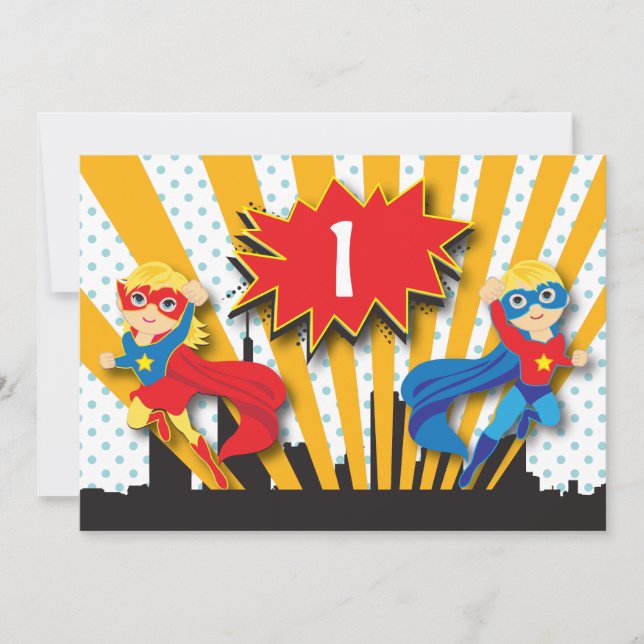 Twins Superhero Birthday  |  Blonde Invitation (Front)