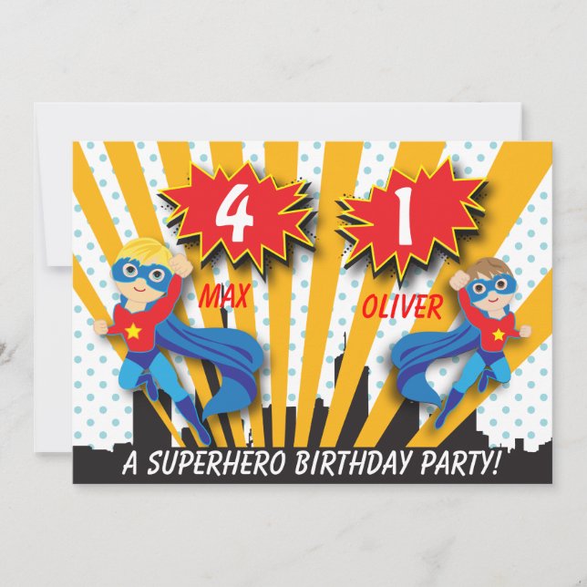 Twins Superhero Birthday | Boys Brown/Blonde Hair Invitation (Front)