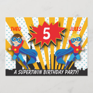 Twins Superhero Birthday   Boys Brown/Blonde Hair Invitation