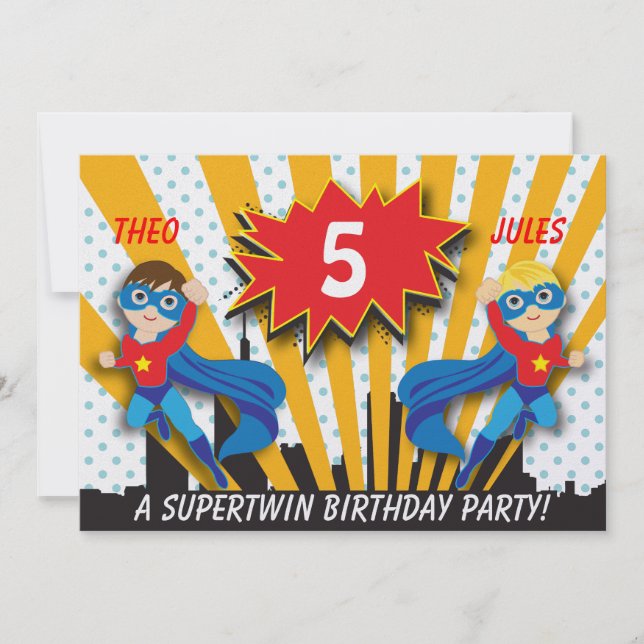 Twins Superhero Birthday | Boys Brown/Blonde Hair Invitation (Front)