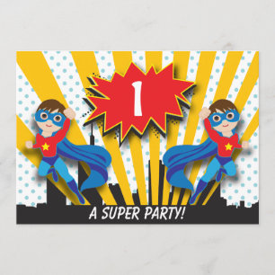Twins Superhero Birthday     Boys Brown Hair Invitation