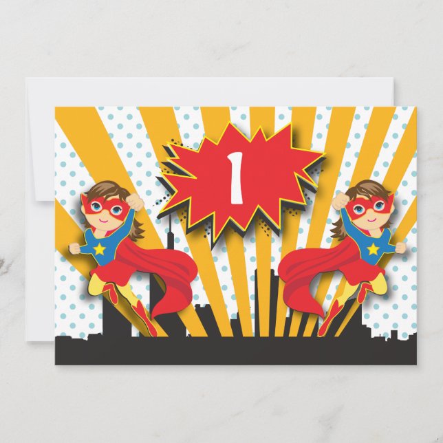 Twins Superhero Birthday  |  Brown Hair Girls Invitation (Front)