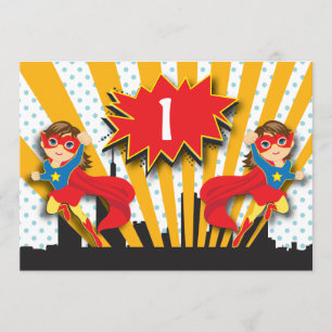 Twins Superhero Birthday Brown Hair Girls Invitation