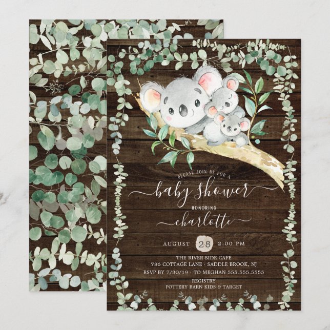 Twins Sweet Koala Bears Baby Shower Invitation (Front/Back)