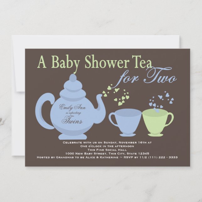 Twins Tea Party Blue Green Baby Shower Invitation (Front)