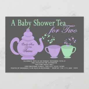 Twins Tea Party Purple Green Baby Shower Invitation