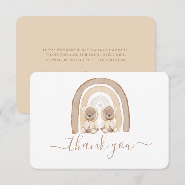 Twins Teddy Bear and Rainbow thank you card (Front/Back)