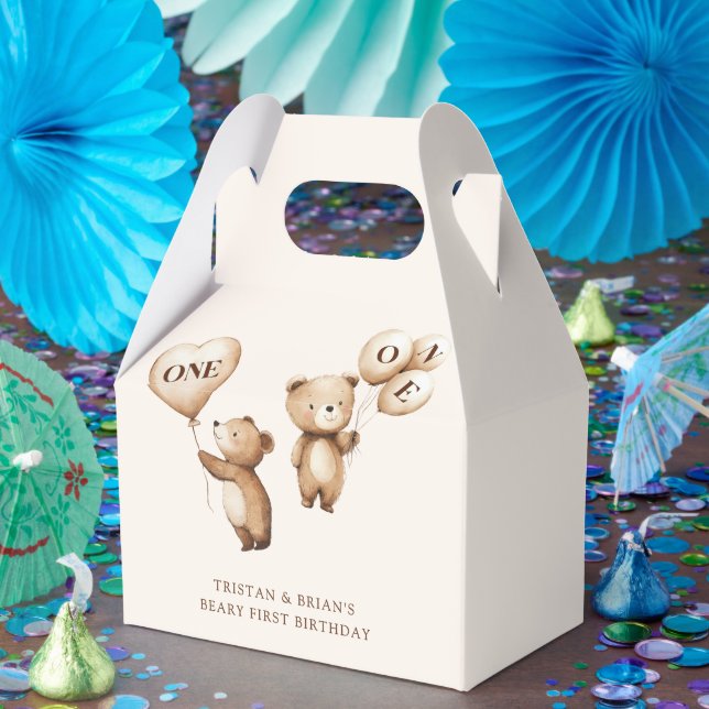 Twins Teddy Bear Balloons 1st Birthday Favour Box (Party)