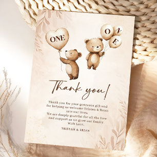 Twins Teddy Bear Balloons 1st Birthday Thank You Card