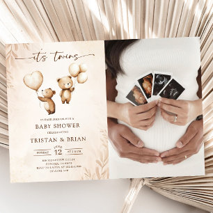 Twins Teddy Bear Balloons Photo Baby Shower Invitation