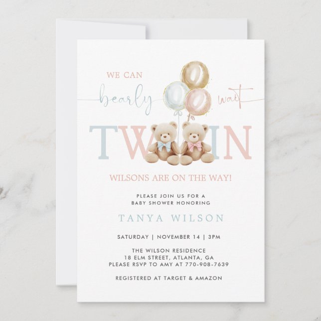 Twins Teddy Bear Bearly Wait Baby Shower Invitation (Front)