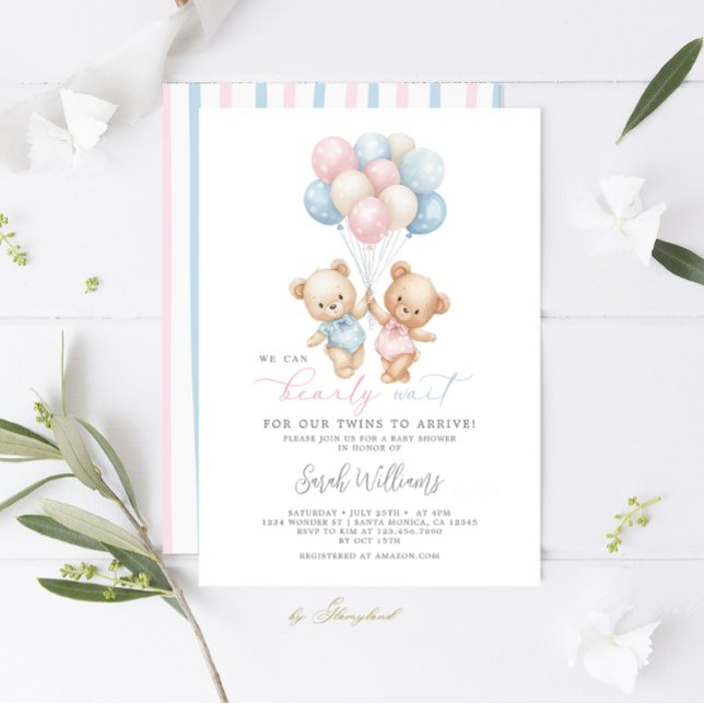 Twins Teddy Bear Boy and Girl Baby Shower Invitation (Creator Uploaded)