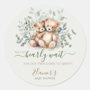 Twins Teddy Bear Greenery Boho Neutral Baby Shower Classic Round Sticker