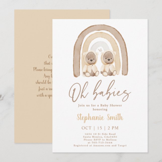 Twins Teddy bear Rainbow Baby Shower Invitation (Front/Back)